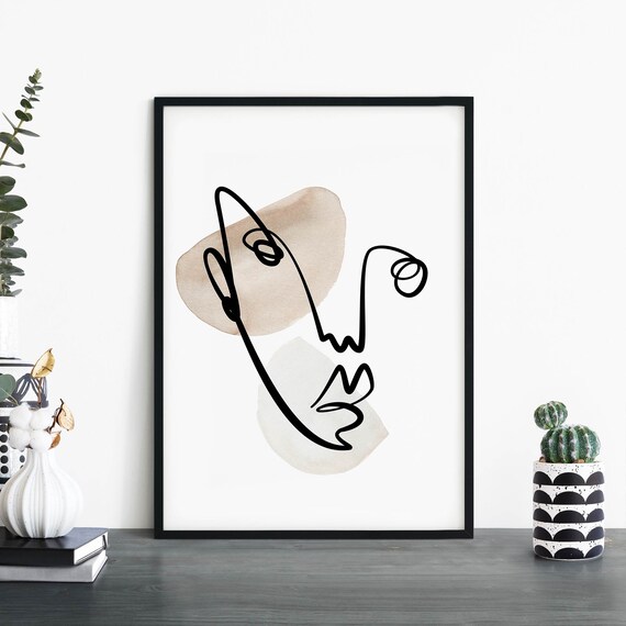 Modern Abstract Line Face Beige Gray Watercolor Minimalist Wall Art