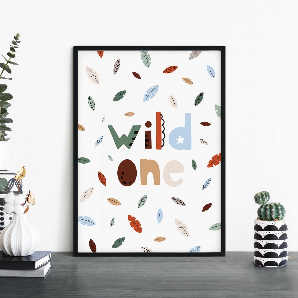 Wild One Falling Leaves Kids Nursery Typography Decor Poster
