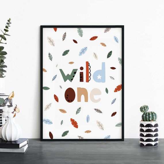 Wild One Falling Leaves Kids Nursery Typography Decor Poster