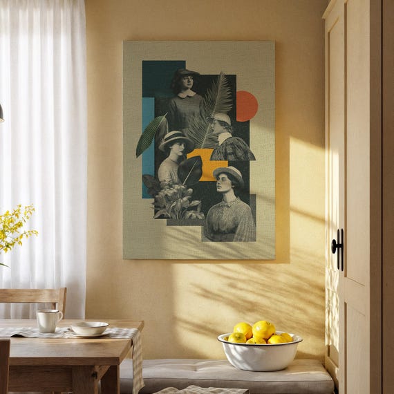 Vintage Collage Woman Portrait Canvas Art Retro Black And White With Abstract Shapes Plants Modern Midcentury Style Wall Decor
