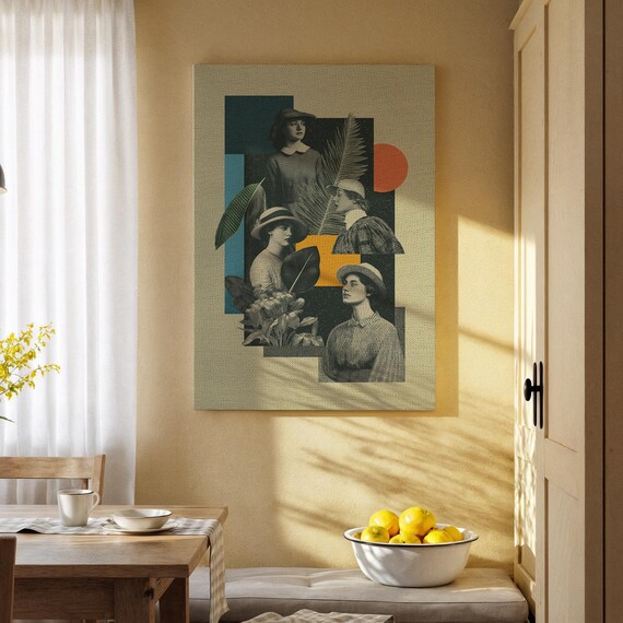Vintage Women Portrait Collage Canvas Print Retro Tropical Botanical