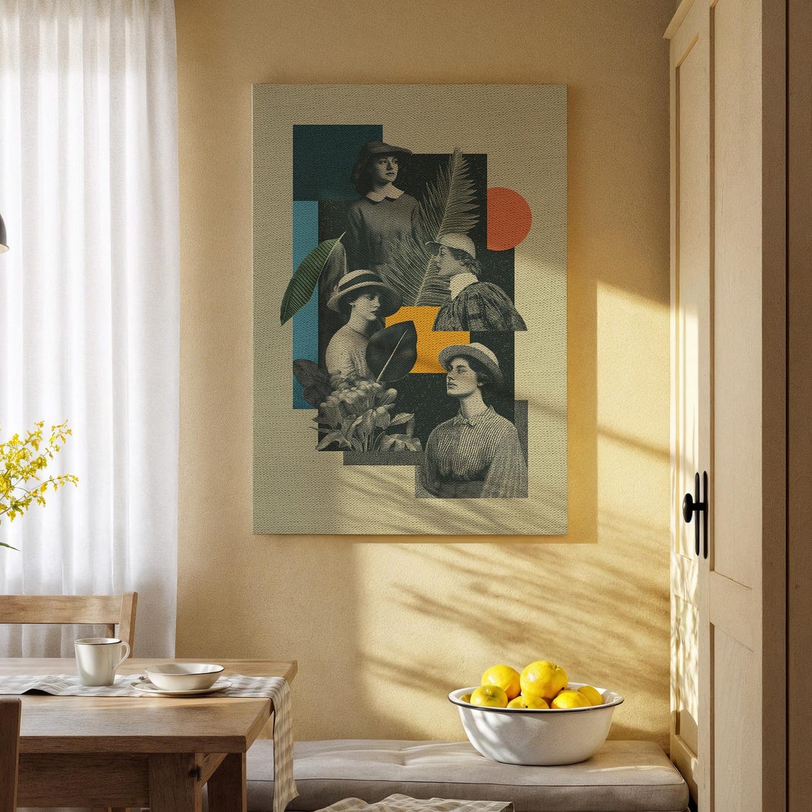 Vintage Women Portrait Collage Canvas Print Retro Tropical Botanical