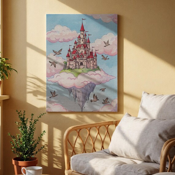 Floating Castle Cloud Kingdom Birds Whimsical Fantasy Canvas Art Print
