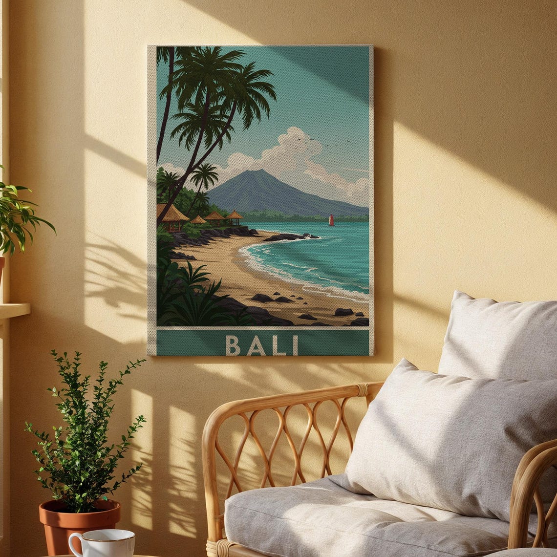 Bali Vintage Travel Poster Tropical Beach Palms and Volcano Scene
