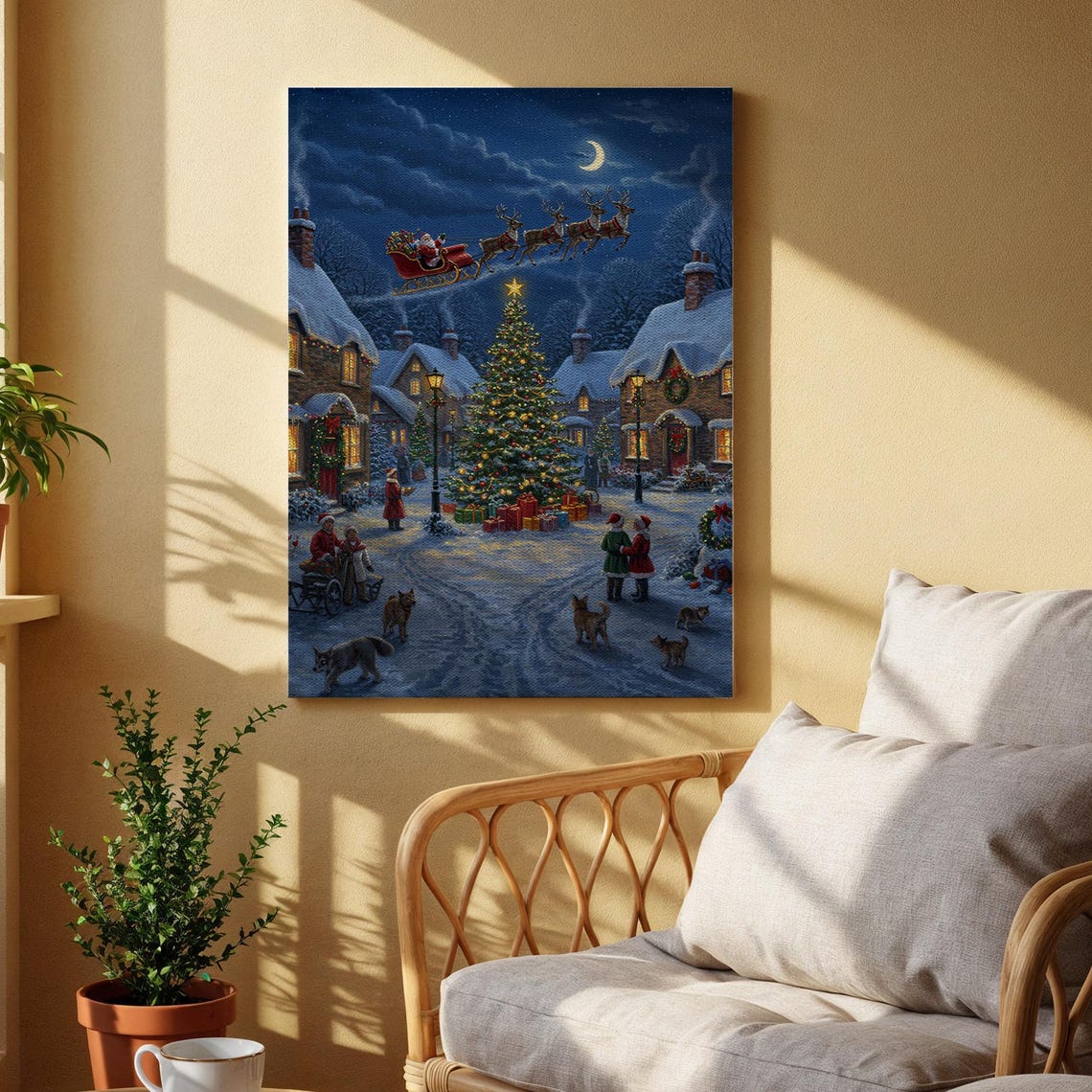 Santa Sleigh Flying Over Snowy Christmas Village Night Wall Art