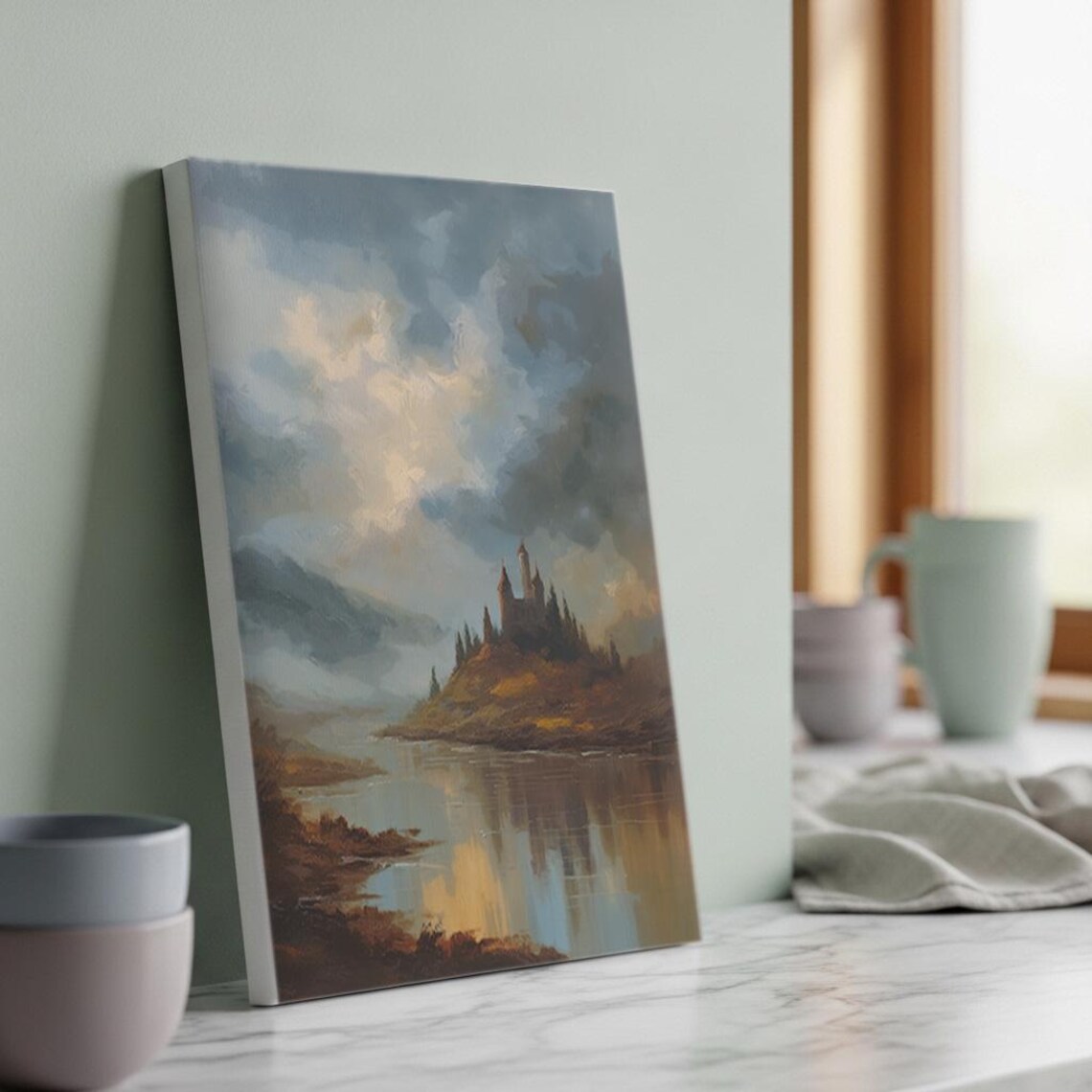 Misty Castle By The Lake Moody Fantasy Landscape Oil Art Poster