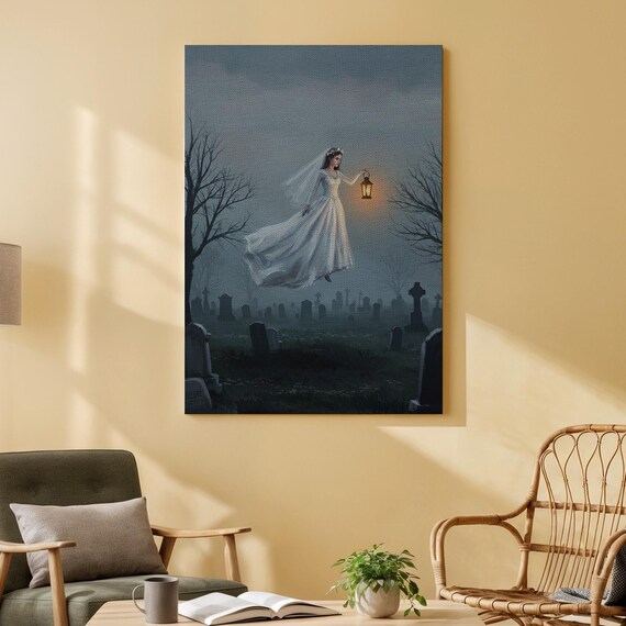 Haunted Bride Canvas Wall Art Ghostly Woman In Foggy Graveyard Print Gothic Halloween Decor Mysterious Lantern Spirit For Home