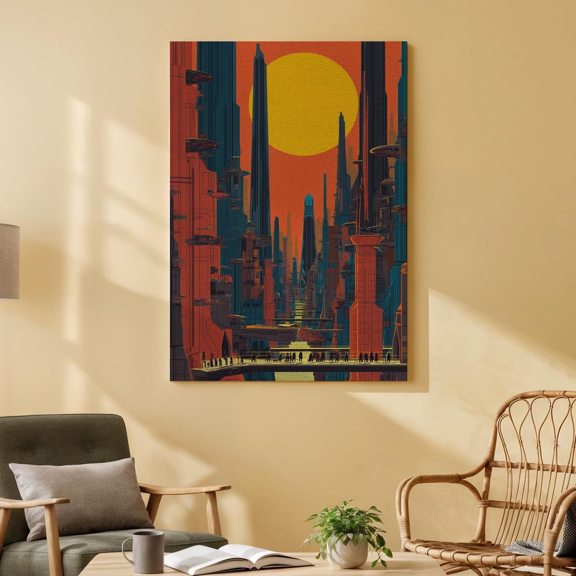 Futuristic Sci Fi City Towering Skyscrapers Giant Sun Poster