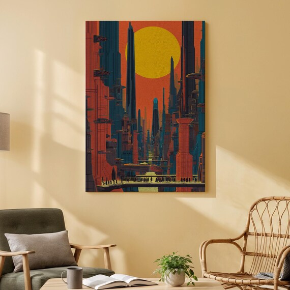Futuristic Cityscape Canvas Wall Art Scifi Skyscraper Sunset Print Bold Urban Fantasy Artwork For Modern Living Room Or Creative Studio