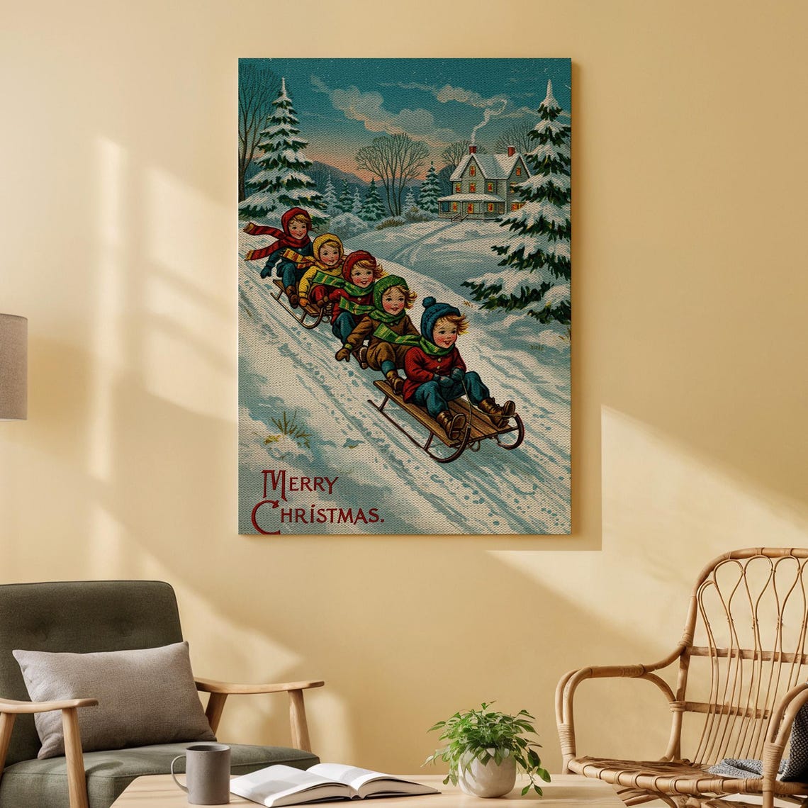 Merry Christmas Kids Sledding Snowy Hill Vintage Holiday Wall Art