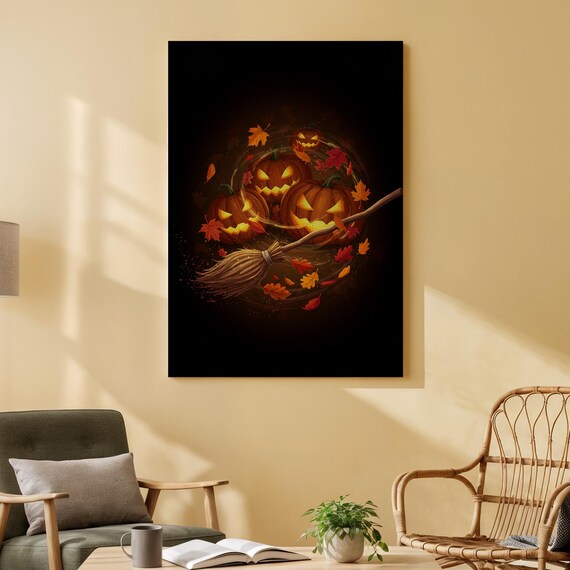 Witchs Pumpkin Circle Canvas Art Halloween Jackolantern Wall Print Autumn Leaves And Broom Decor Spooky Seasonal For Home