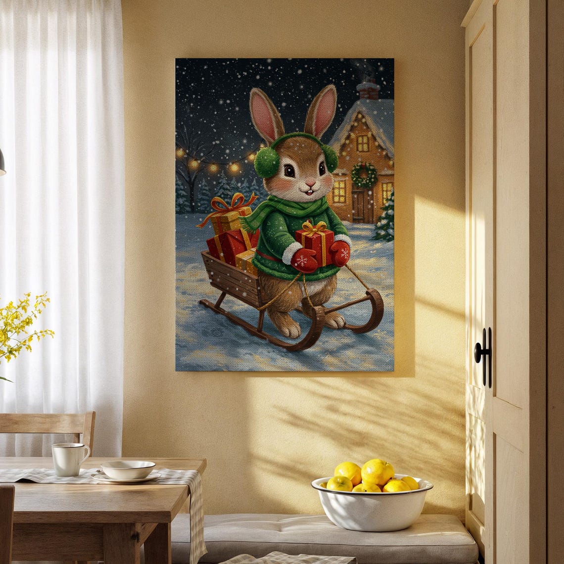 Christmas Bunny Sled Gifts Snowy Night Cute Holiday Wall Poster