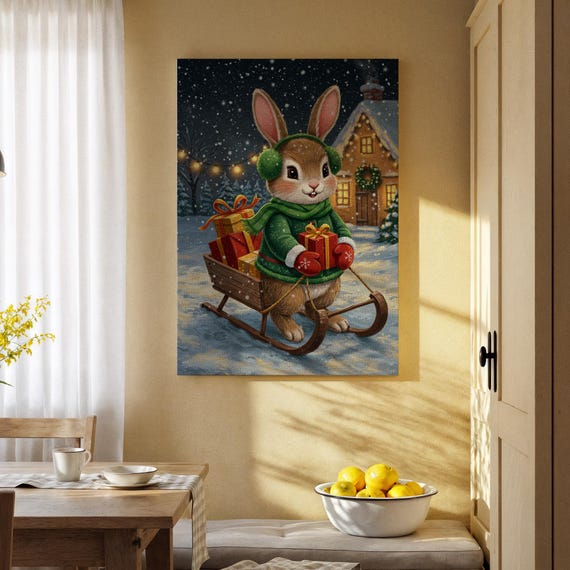 Christmas Bunny With Gifts Canvas Art Winter Holiday Wall Decor Cozy Snow Scene Print Cute Animal Artwork For Home Or Nursery