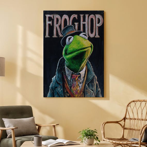 Frog Hop Canvas Wall Art Whimsical Anthropomorphic Portrait Vintage Style Animal Illustration Print For Living Room Office