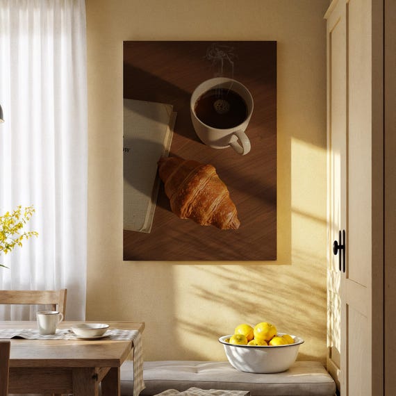 Coffee And Croissant Canvas Art Cozy Morning Breakfast Scene Minimalist Caf Decor For Kitchen Dining Room Or Lovers
