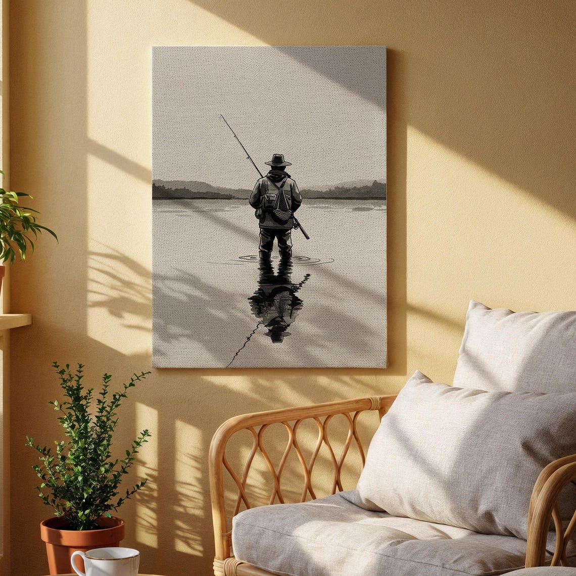 Black And White Fisherman At Dusk Lake Reflection Vintage Poster