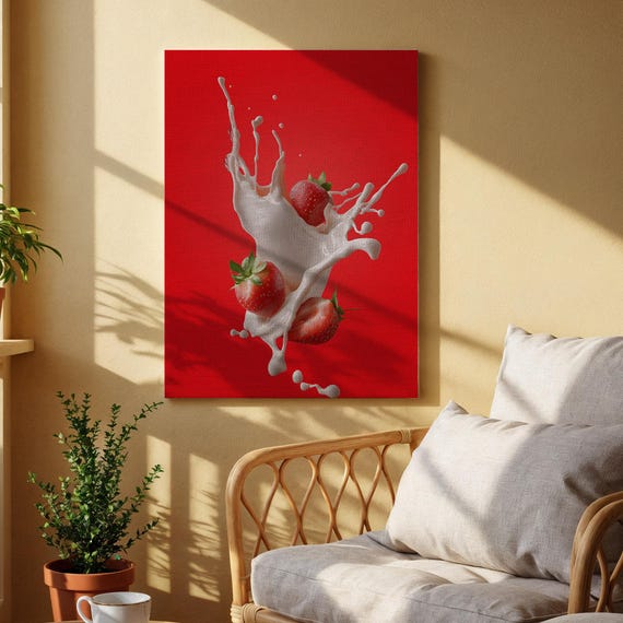 Strawberries And Milk Canvas Wall Art Bold Red Food Illustration Print Modern Kitchen Dining Artwork For Caf Restaurant Decor