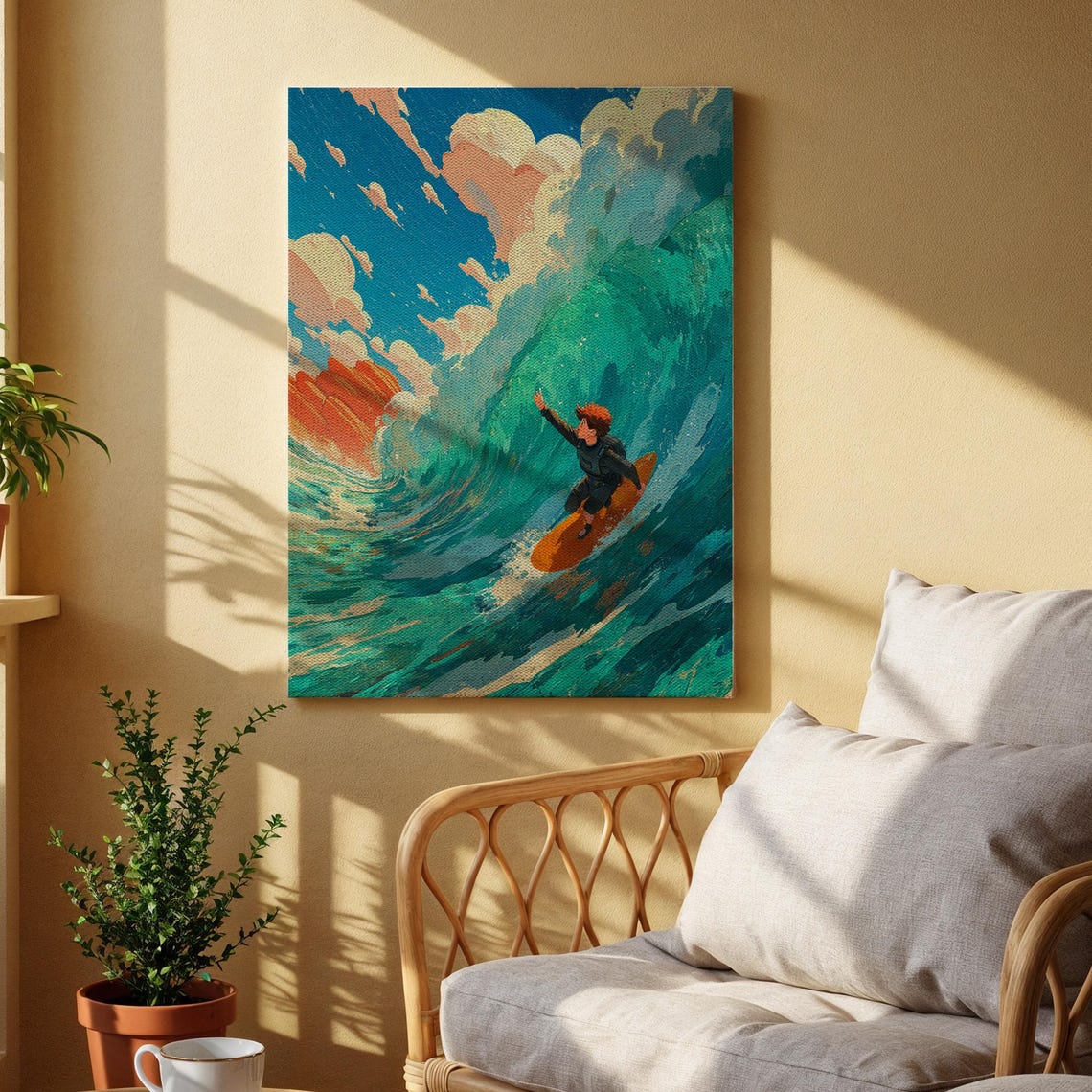 Surfer Riding Big Turquoise Wave Colorful Ocean Adventure Wall Art