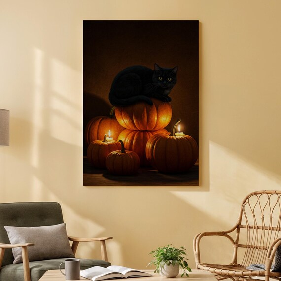 Black Cat And Pumpkins Canvas Art Spooky Halloween Wall Print Cozy Autumn Decor For Living Room Bedroom Or Seasonal Spaces