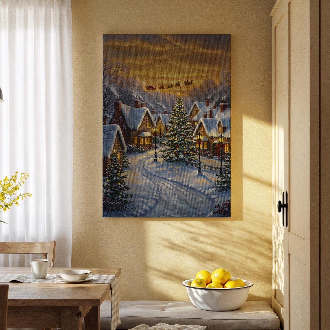 Santa Sleigh Flying Over Snowy Christmas Village Night Poster
