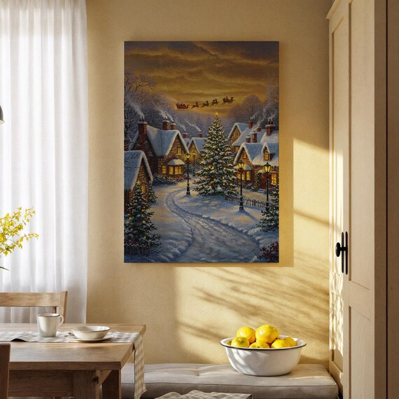Santa Sleigh Flying Over Snowy Christmas Village Night Poster