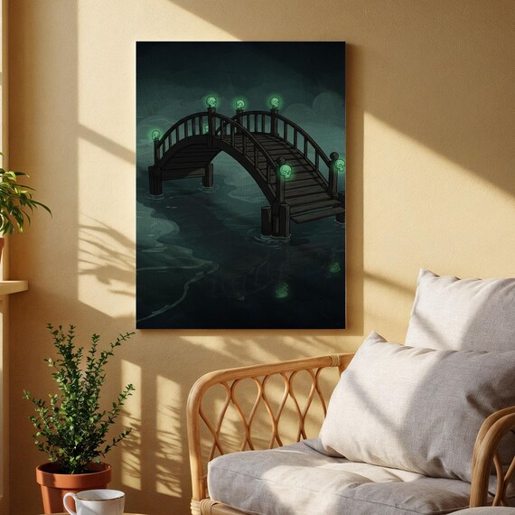 Haunted Bridge Canvas Wall Art Misty Night Gothic Landscape Print Spooky River Scene Halloween Decor For Living Room Or Office