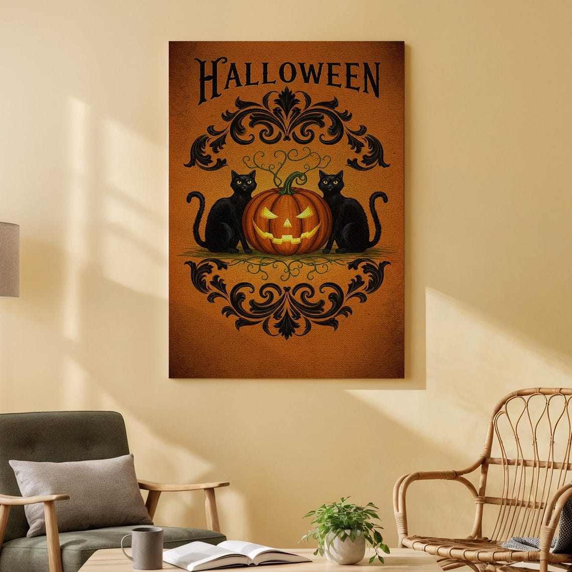 Vintage Halloween Black Cats Jack O Lantern Ornate Orange Wall Art