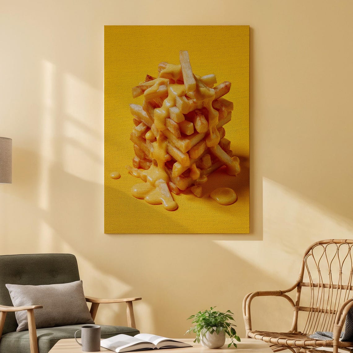 Cheesy Fries Stack Bold Yellow Background Playful Food Photo Poster