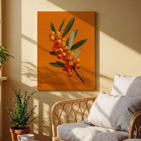 Sea Buckthorn Branch Canvas Wall Art Vibrant Orange Berries With Green Leaves Natureinspired Botanical Print For Living Room Kitchen
