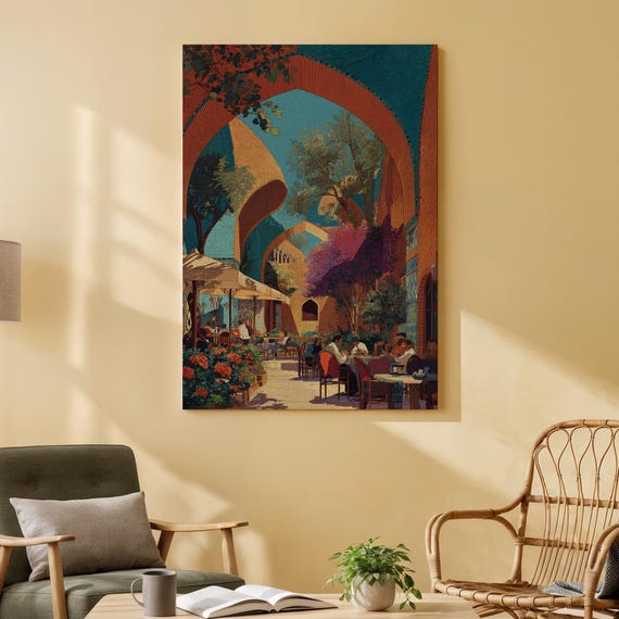 Outdoor Caf In The Courtyard Canvas Art Vibrant City Scene With Arched Architecture And Lush Plants Cozy Decor For Living Room