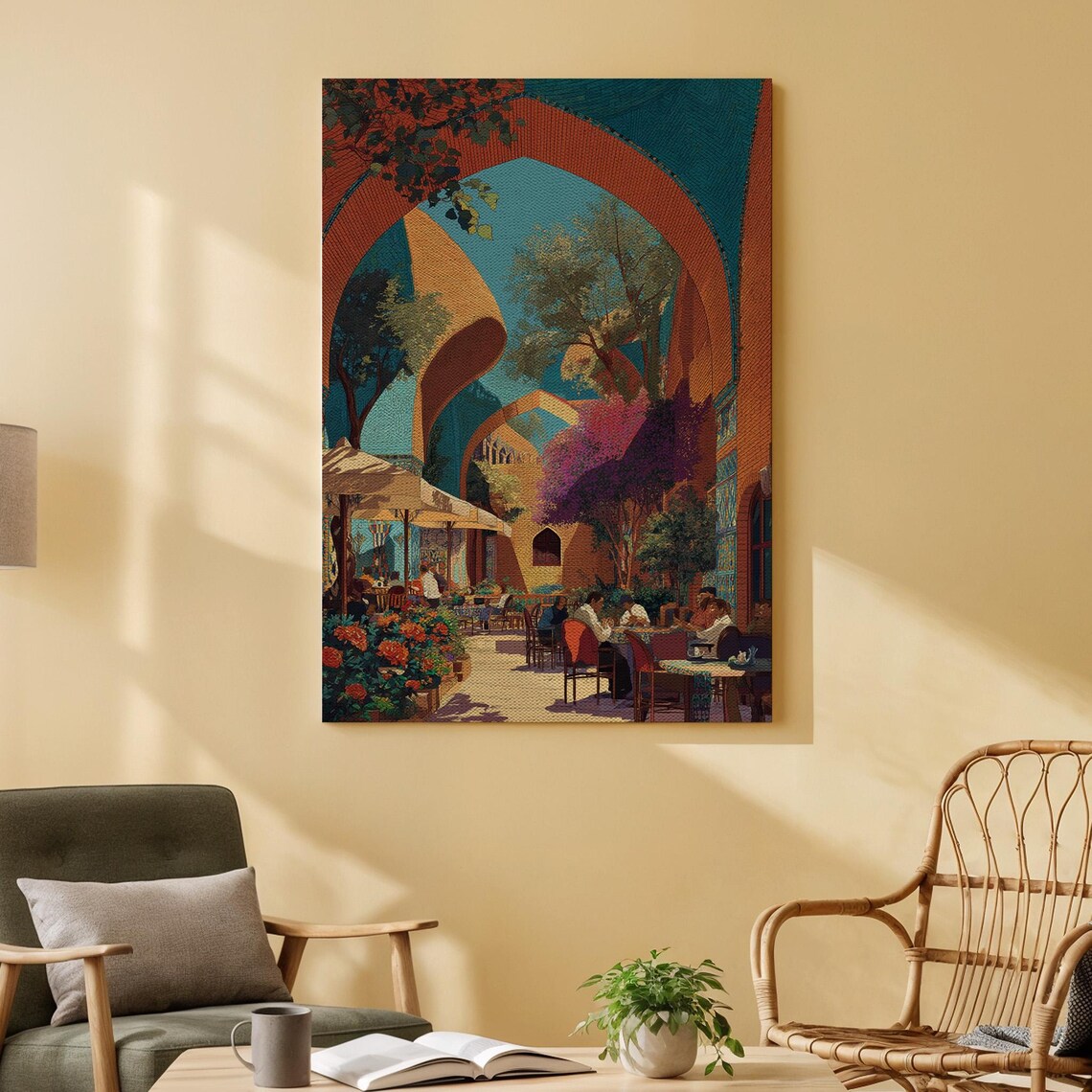 Sunny Courtyard Cafe Arches Flowers Mediterranean Street Art Poster
