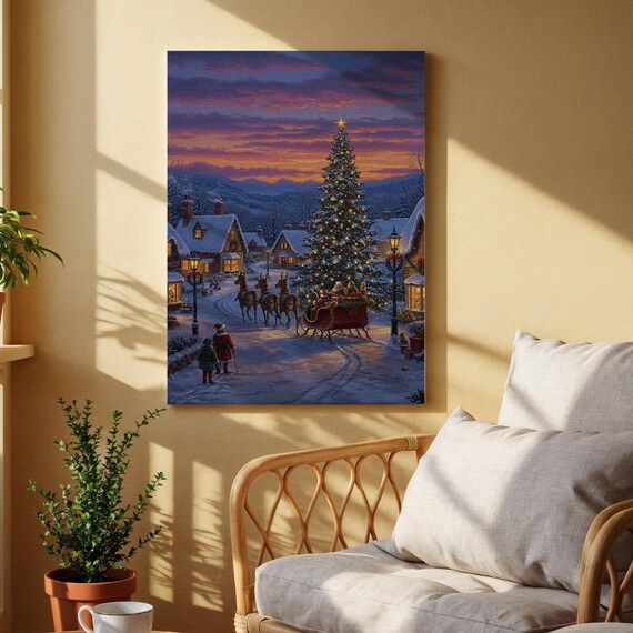 Christmas Village Sleigh Ride Canvas Print Winter Wonderland Sunset