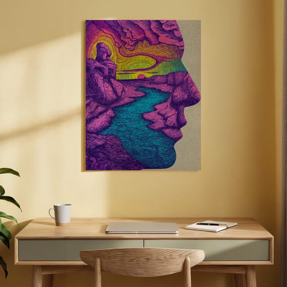 Surreal Face Landscape Canvas Wall Art Abstract River Sunset Print Psychedelic Nature Painting Colorful Modern Decor