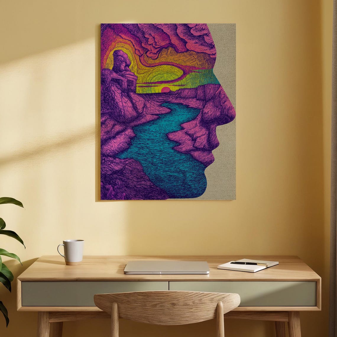 Surreal Face Landscape Canvas Wall Art Abstract River Sunset Print Psychedelic Nature Painting Colorful Modern Decor