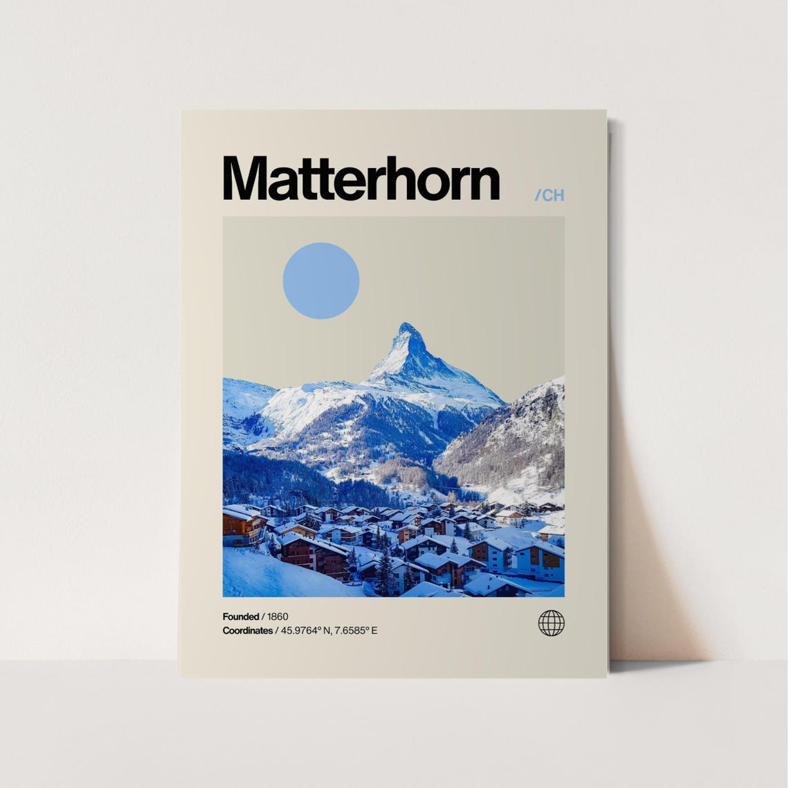 Matterhorn Swiss Alps Zermatt Snow Covered Village Mid Century Poster
