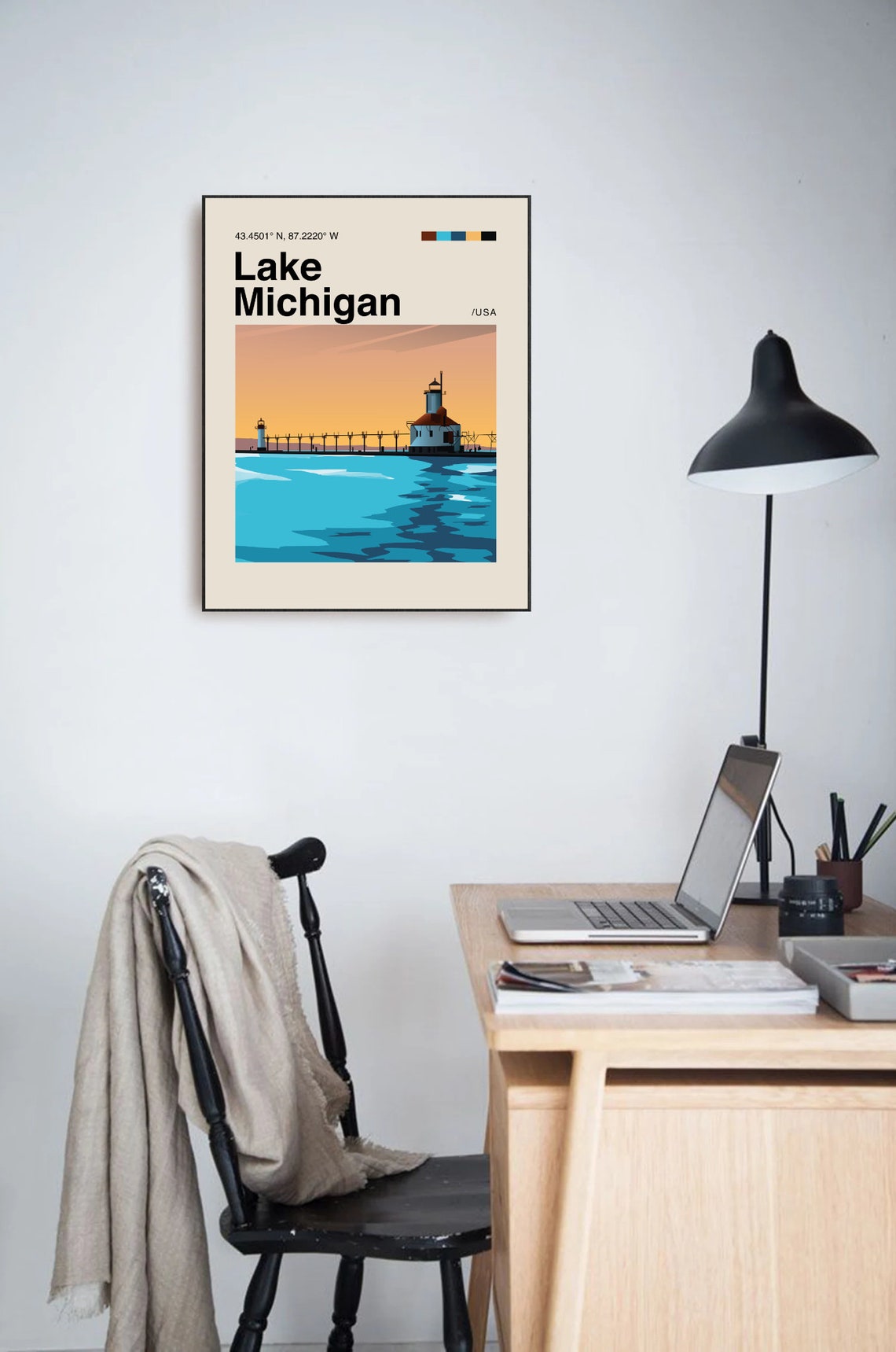 Lake Michigan Lighthouse Pier Sunset Scene Illustration Poster - Image 3