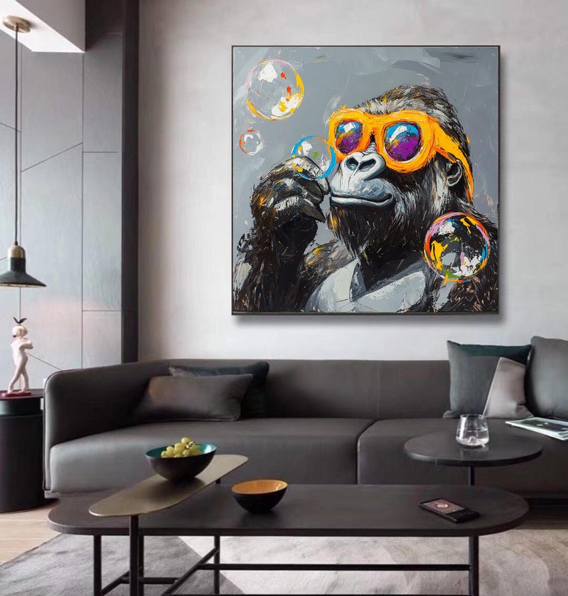 Playful Gorilla in Orange Sunglasses Blowing Shiny Bubbles Wall Art - Image 4