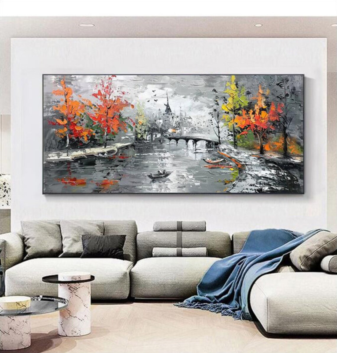 City Bridge Canal With Autumn Trees Black White City Painting Poster - Image 2