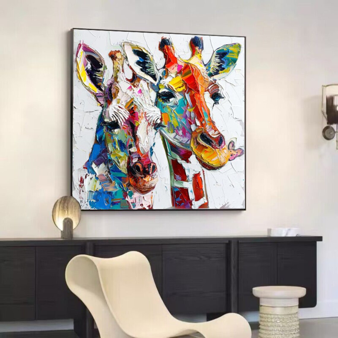Two Colorful Giraffes Rainbow Palette Knife Animal Painting Poster - Image 3