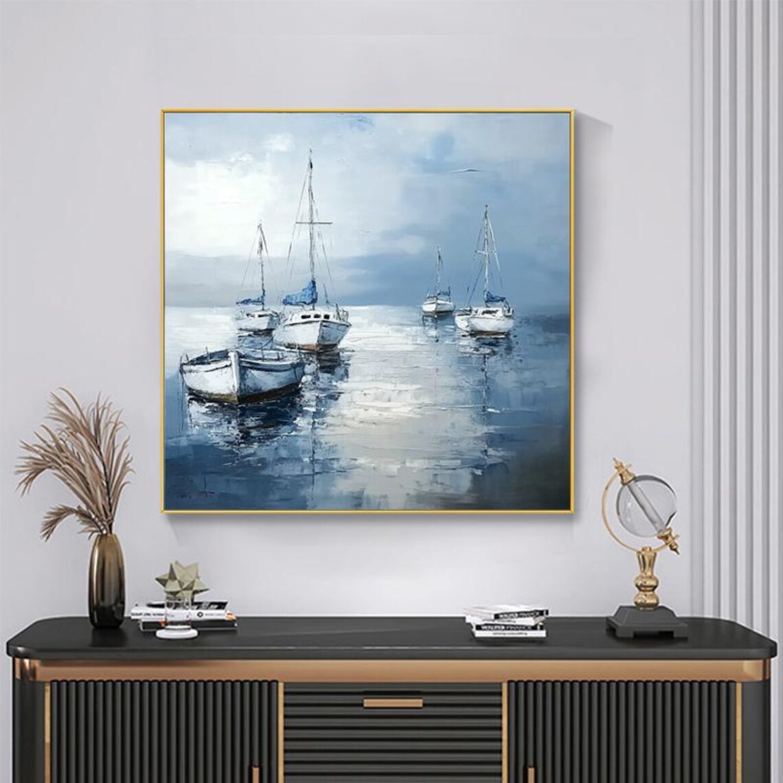White Sailboats Anchored In Calm Blue Harbor Hand Painted Art Poster - Image 2