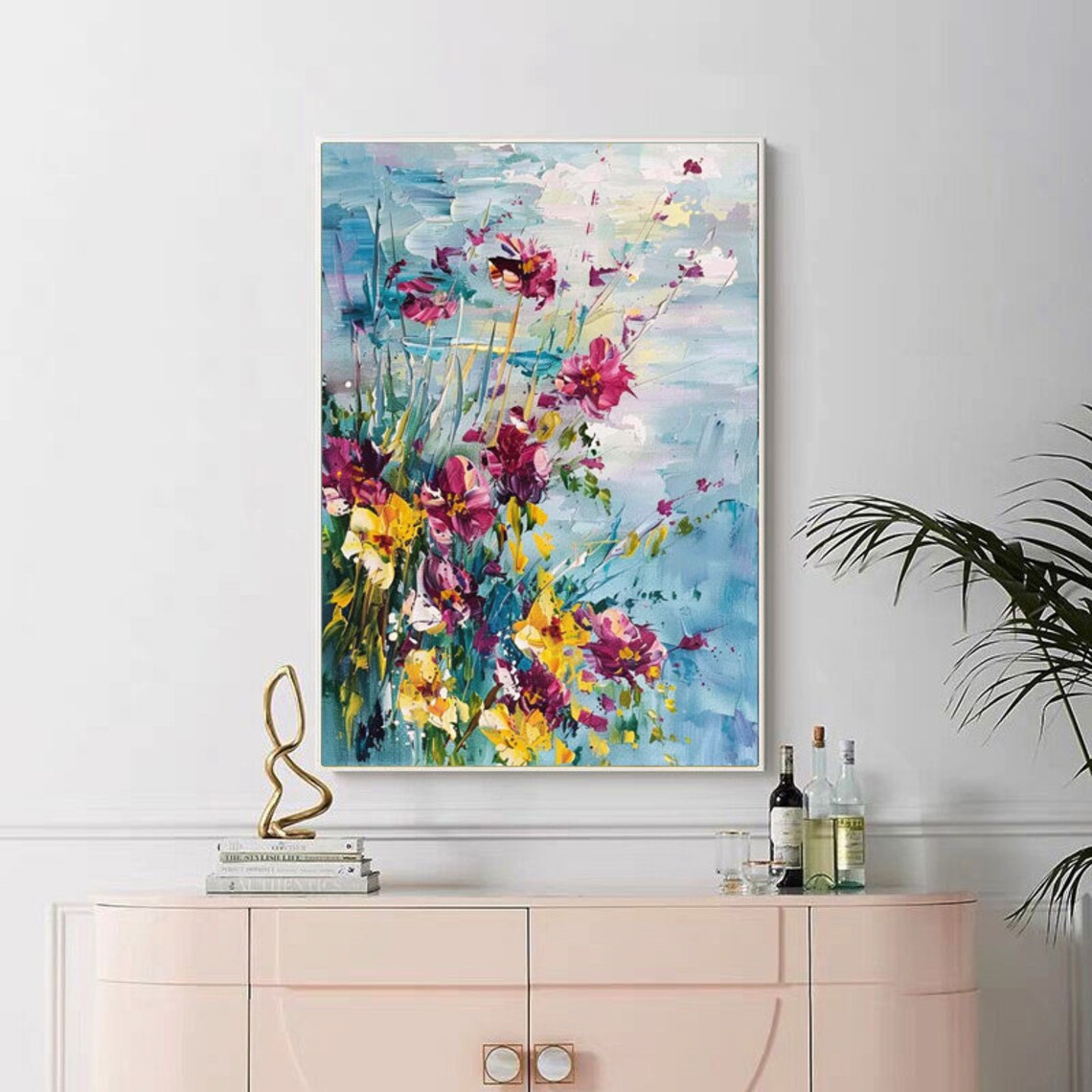 Pink Yellow Wildflowers Textured 3D Floral Vertical Painting Poster - Image 6