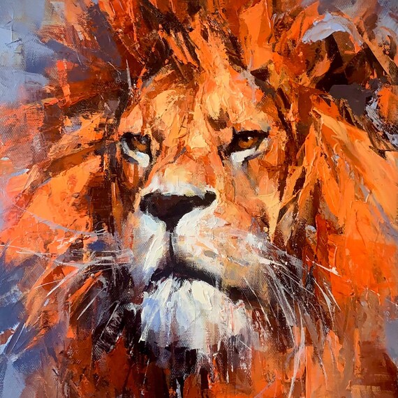 Majestic Lion Face Close Up With Fiery Orange Mane Oil Painting Poster