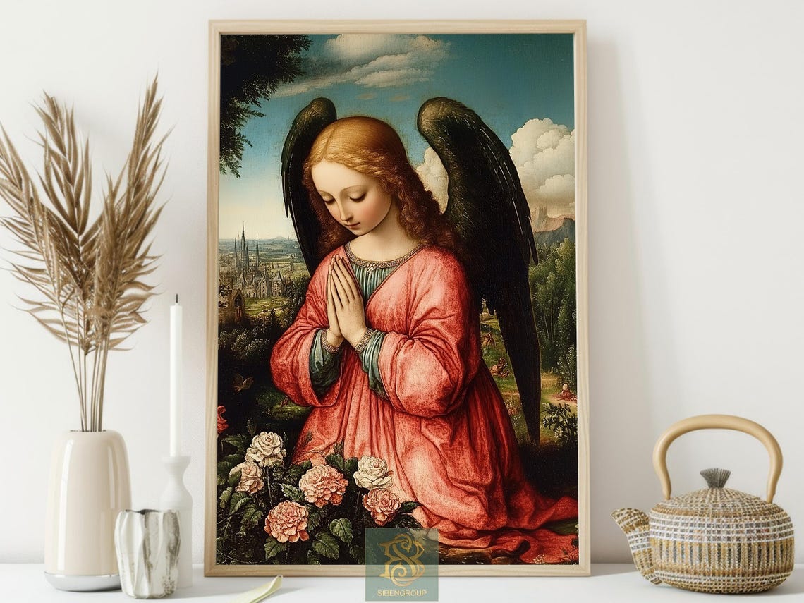 Praying Angel With Dark Wings Among Roses Vintage Religious Poster - Image 3