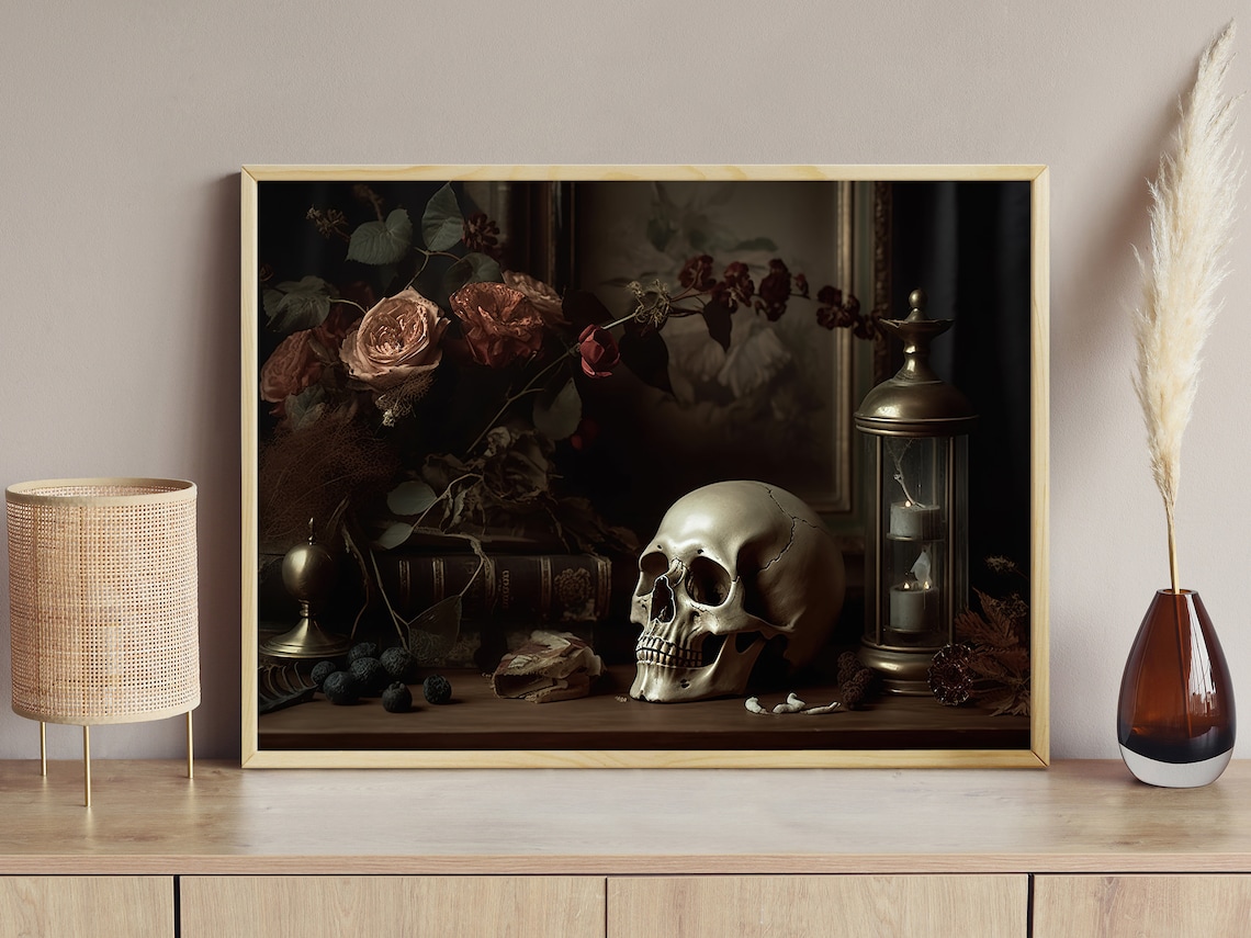 Vanitas Skull Still Life Old Books Lantern Dried Roses Dark Academia Wall Art