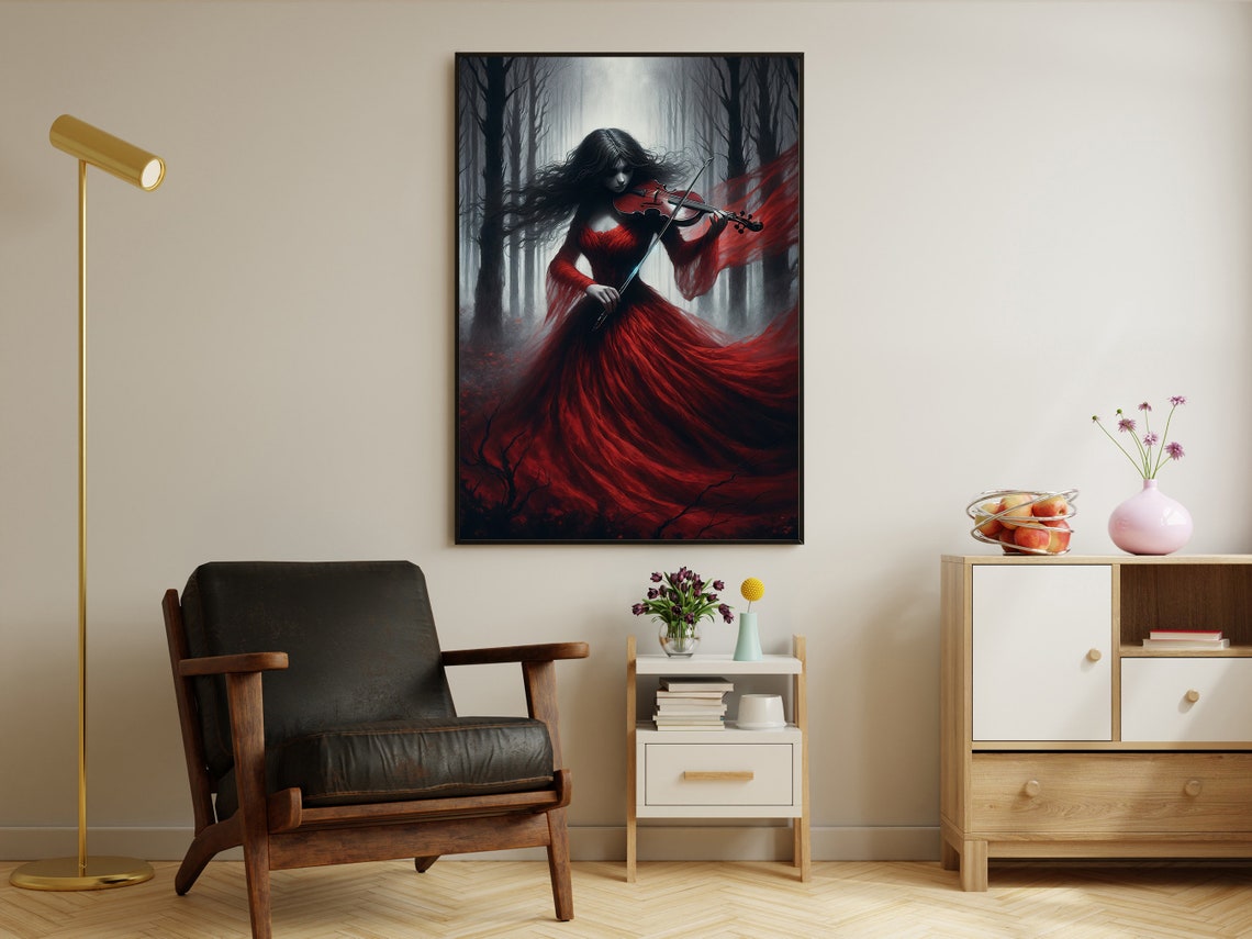 Dark Lady In Red Gown Playing Violin In Misty Forest Gothic Wall Art - Image 2