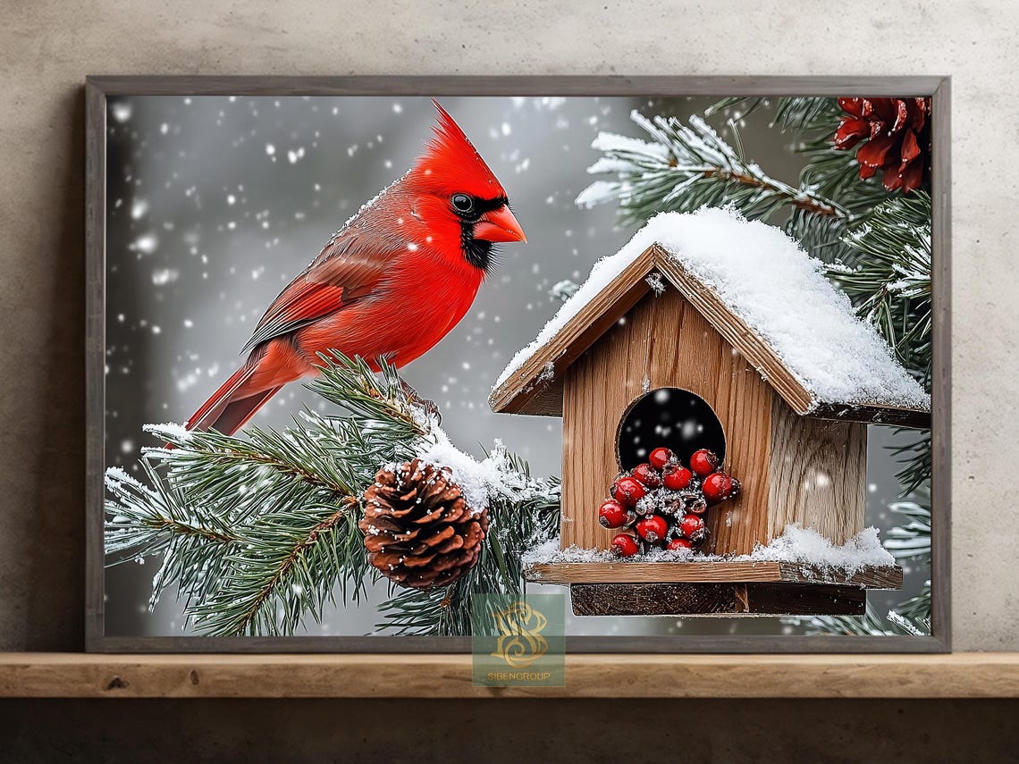 Red Cardinal Snowy Birdhouse Winter Snowfall Bird Painting Poster
