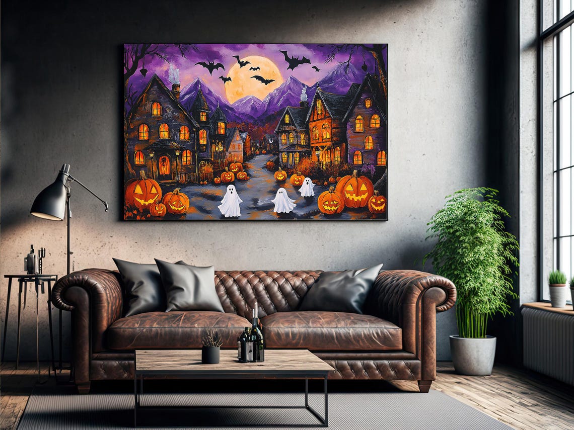 Halloween Village With Pumpkins Ghosts And Purple Night Print - Image 2