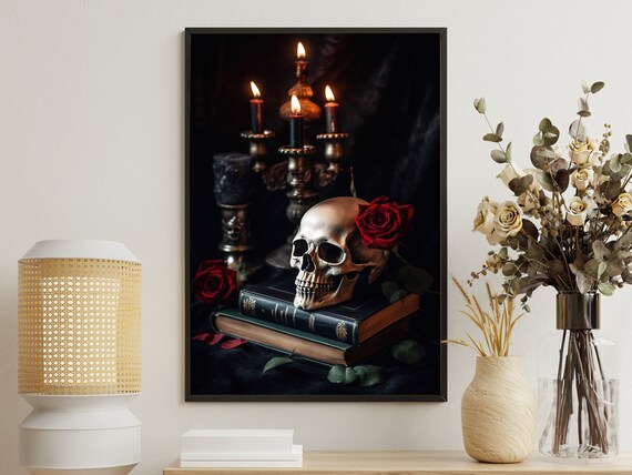 Skull With Red Rose On Antique Books By Candelabra Dark Academia Poster