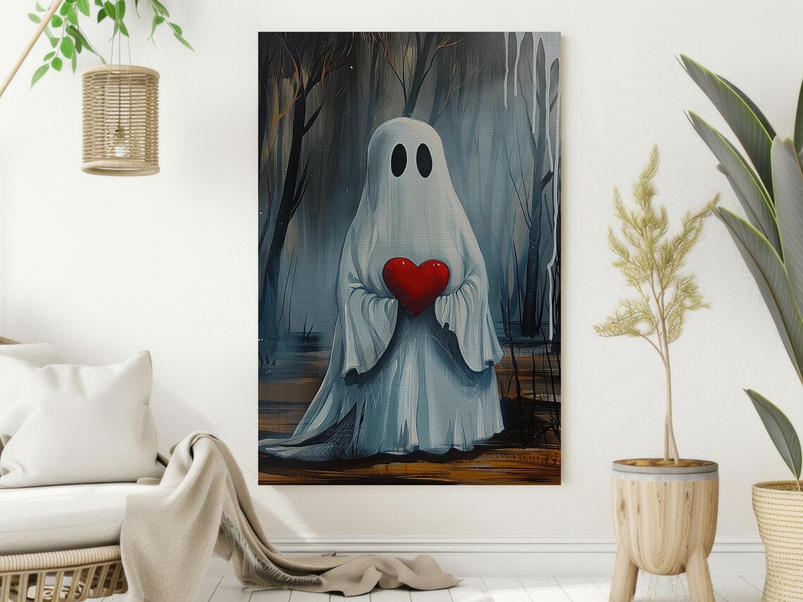Cute Ghost Holding Red Heart in Dark Forest Sweet Halloween Wall Poster - Image 2