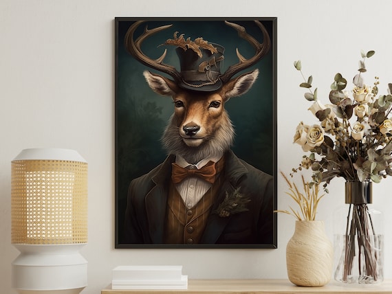 Victorian Gentleman Stag Portrait Top Hat Bow Tie Suit Dark Academia Print